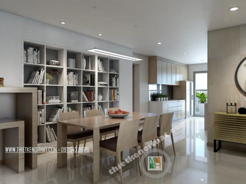 Thiết kế nội thất phòng ăn độc đáo kết hợp tủ âm tường cách tân làm kệ, giá sách, kiến trúc sư đã tiết kiệm tối đa không gian mà vẫn đảm bảo tính công năng của sản phẩm