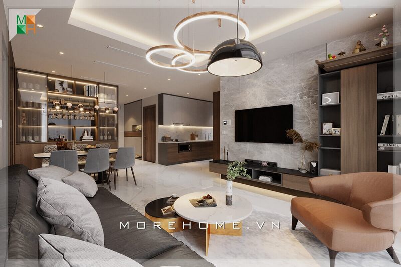 Mẫu thiết kế kiến trúc phù hợp cho chung cư, nhà phố, với thiết kế liền không gian giữa phòng khách, phòng ăn và phòng bếp, mang lại không gian sống hiện đại trẻ trung mà cao cấp cho ngôi nhà của bạn