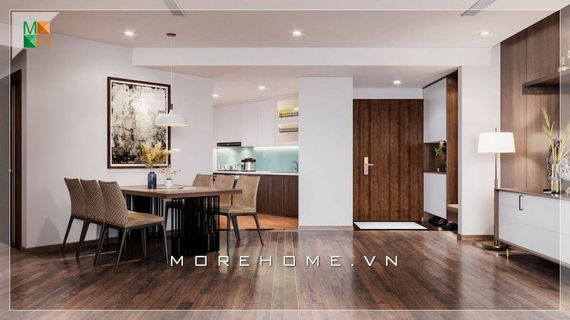 Một thiết kế độc đáo giúp phòng khách, phòng bếp và phòng ăn được hòa trộn vào nhau, tạo sự liền mạch trong không gian sống. Bàn ăn được làm từ gỗ công nghiệp với bộ 6 ghế bọc nỉ, đèn ăn thả bàn kiểu dáng hiện đại, thanh lịch