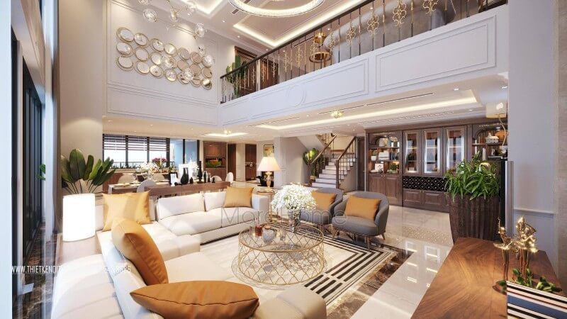 Bộ bàn ghế sofa da cao cấp thiết kế đơn giản với tông trắng kem được lựa chọn với điểm nhấn gối tựa cam đất kết hợp với bàn descor chân inox mạ vàng đẹp sang trọng